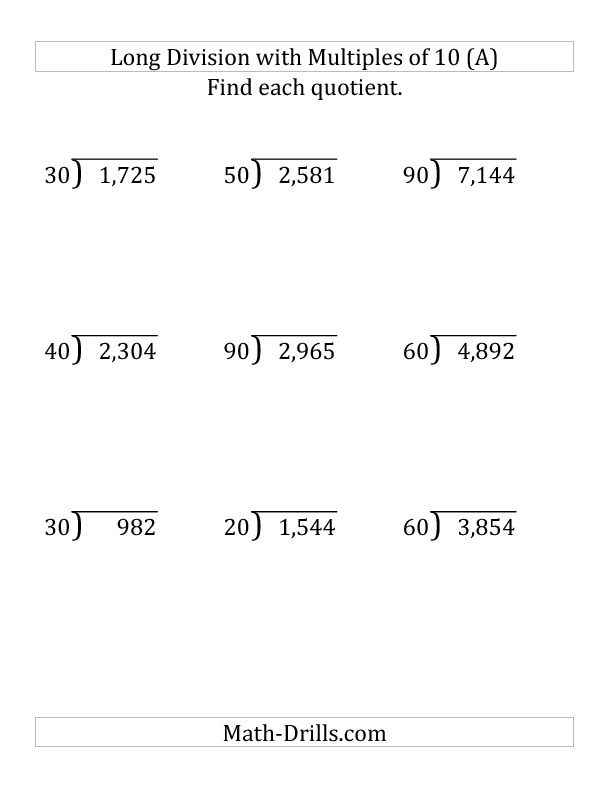 Long Division By Multiples Of 10 With Remainders Large Print Long Division Division Math 