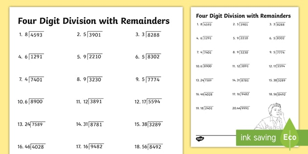Long Division Without Remainders Worksheets Four Digit Division With 