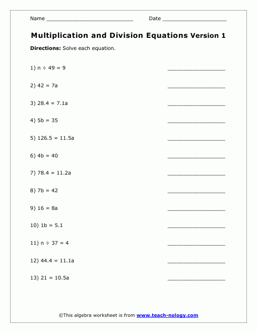 Solving Multiplication And Division Equations Worksheets