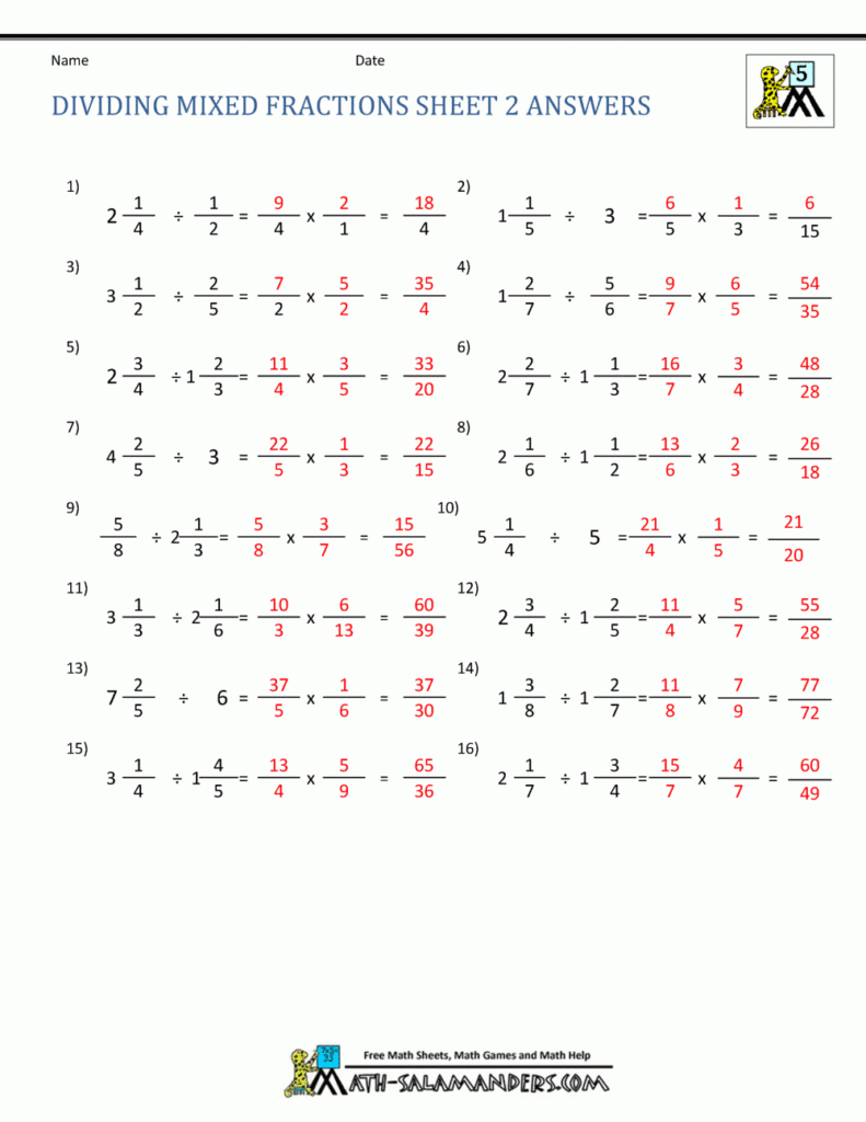 Multiplying Dividing Mixed Numbers Worksheet