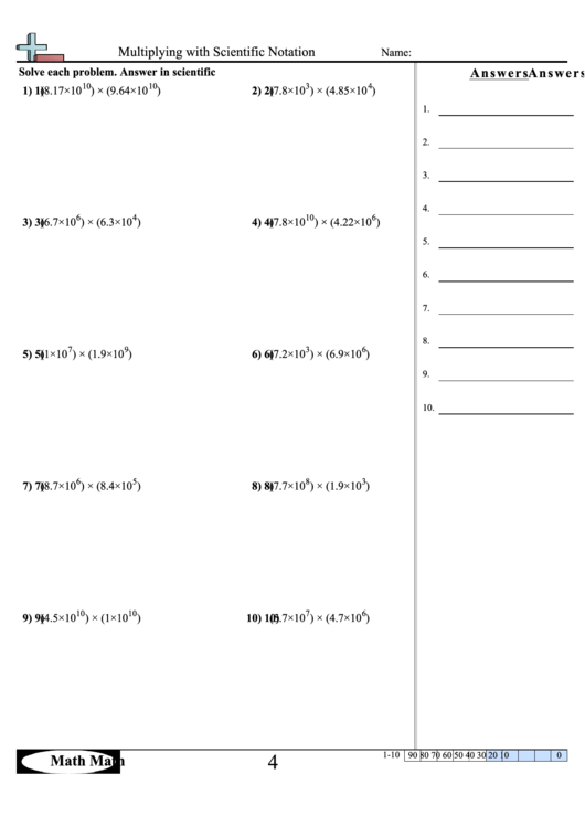 Multiplying With Scientific Notation Math Worksheet With Answer Key 