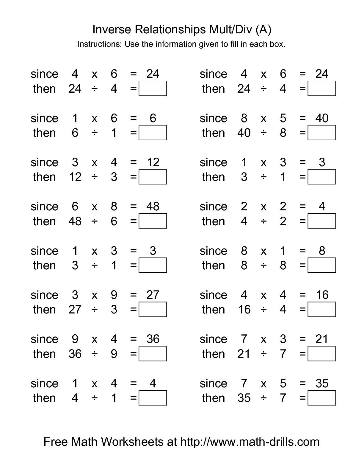 Relationship Between Multiplication And Division Worksheets Times 