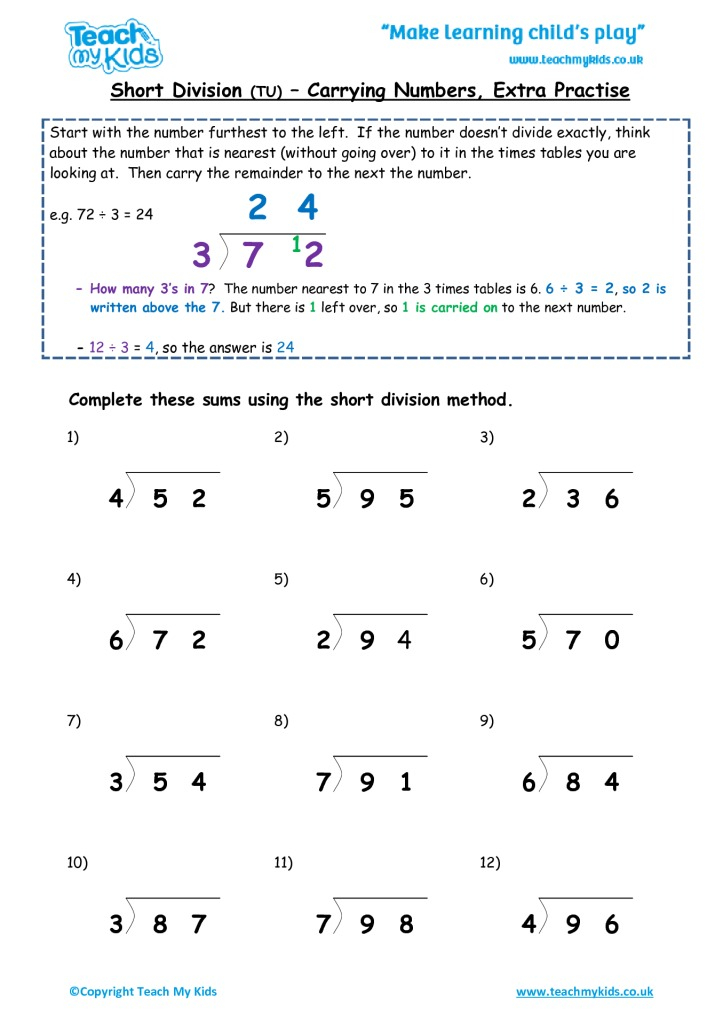 Short Division Tu Carrying Numbers extra Practise TMK Education
