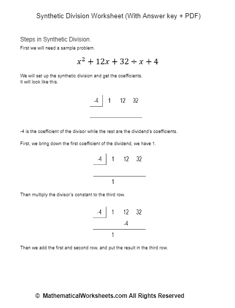 Synthetic Division Worksheet With Answer Key PDF 