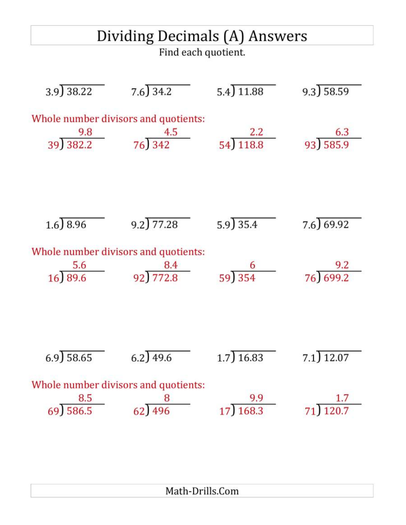 The Dividing Decimals By 2 Digit Tenths A Math Worksheet Page 2 
