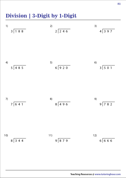 Three Digit Division No Remainders Math Worksheets 3 Digit By 1 Digit 