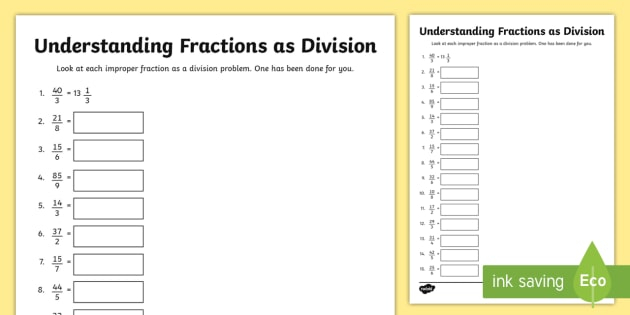 Understanding Fractions As Division Worksheet Worksheet