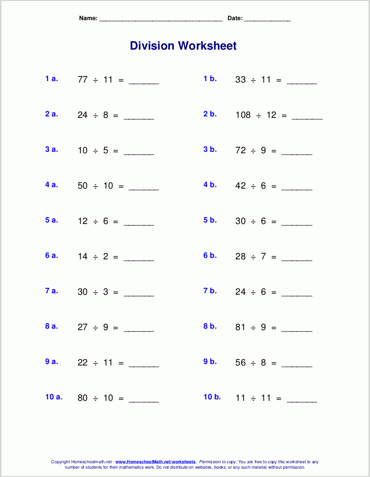 Worksheets For Basic Division Facts grades 3 4 